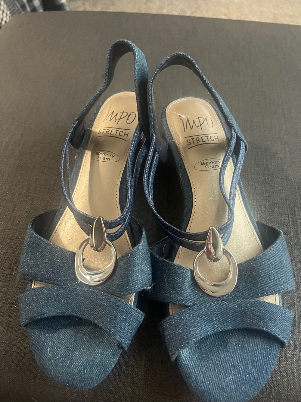 Impo Denim-Style Navy Blue Slingback Wedge Sandals with Silver Accent